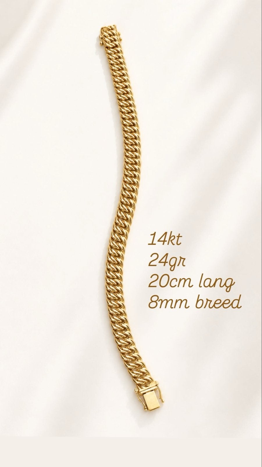 Gouden 14kt Armband - 24gr, 20cm lang, 8mm breed, Ophalen of Verzenden, Zo goed als nieuw, Goud
