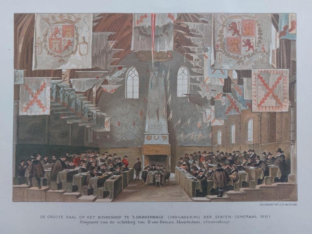 12 / Chromolitho uit 1910 Binnenhof zaal Den Haag, Ophalen of Verzenden