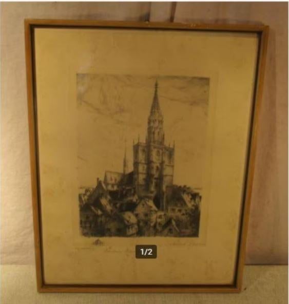 Mooie Oude Ets 'Stad met Kathedraal' - gesigneerd, Ophalen of Verzenden