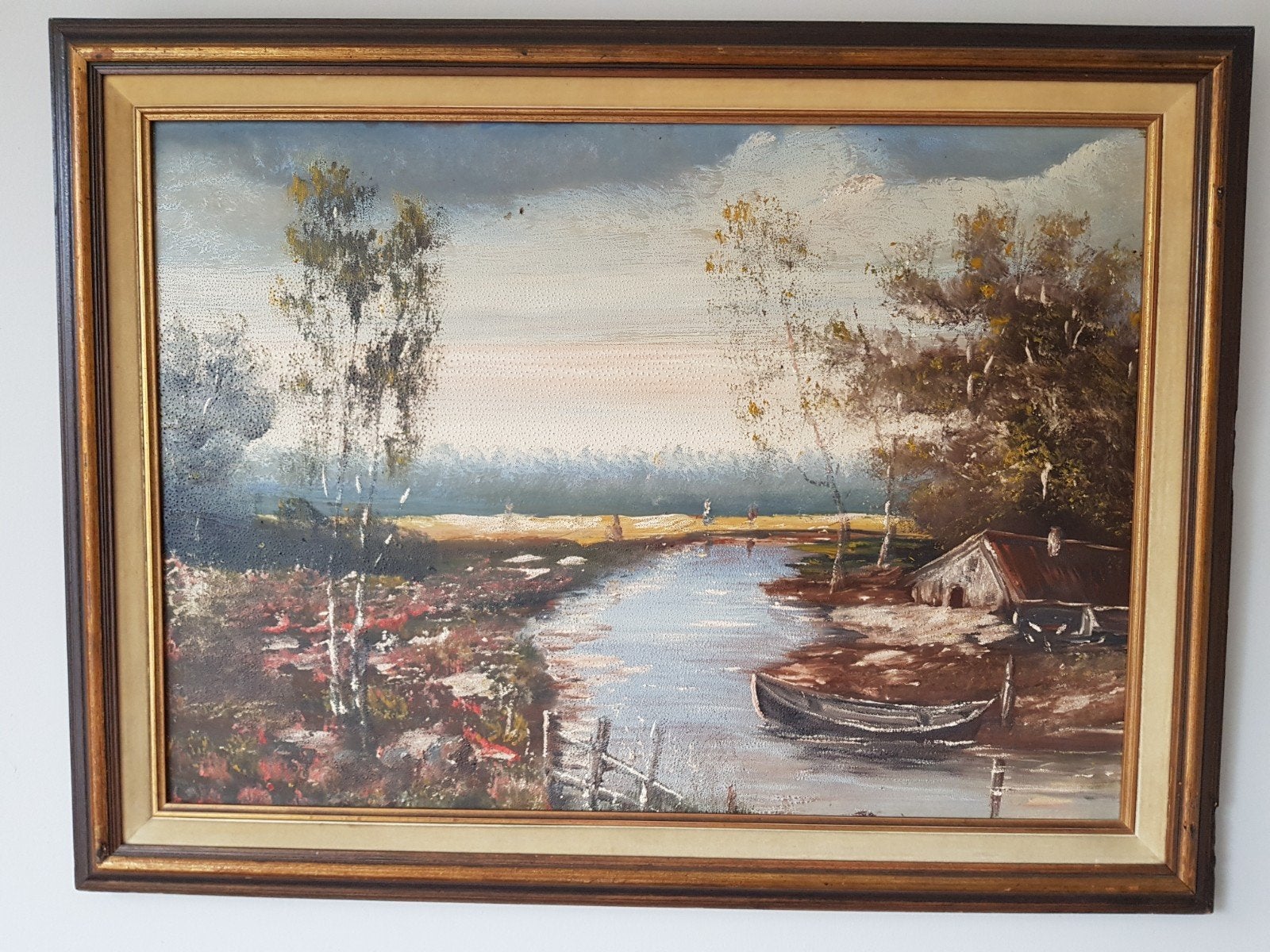 Olieverfschilderij Landschap met water en boot, Ophalen, Doek, Realistisch, Origineel werk