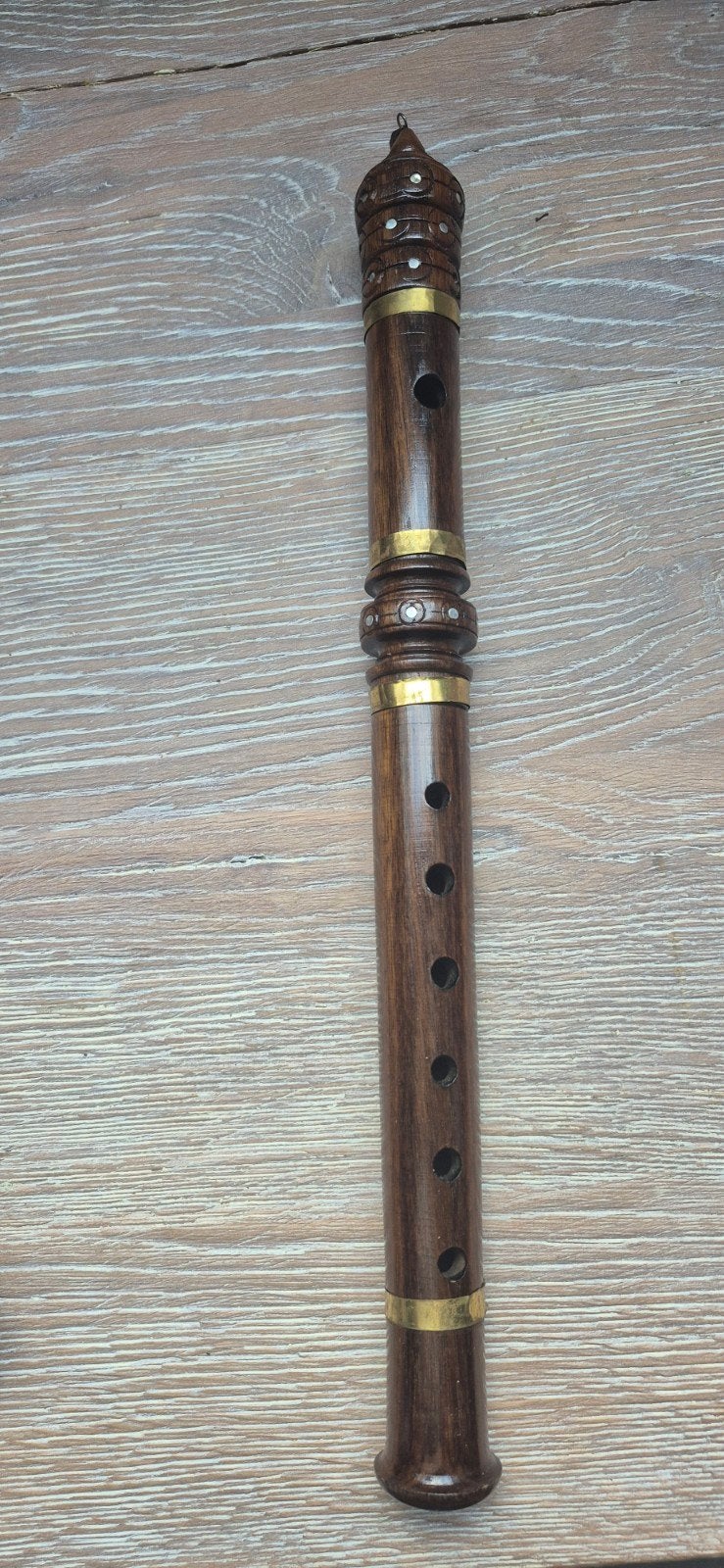 Houten blaasinstrument met messing en inlegwerk, Muziek en Instrumenten, Ophalen of Verzenden, Gebruikt, Houtblazer