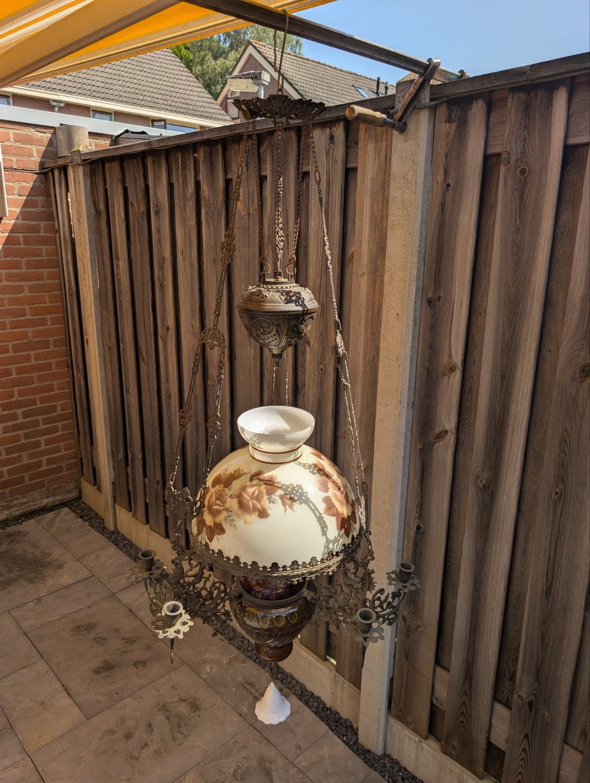 Antieke hanglamp met olielamp en kaarsen, Ophalen of Verzenden
