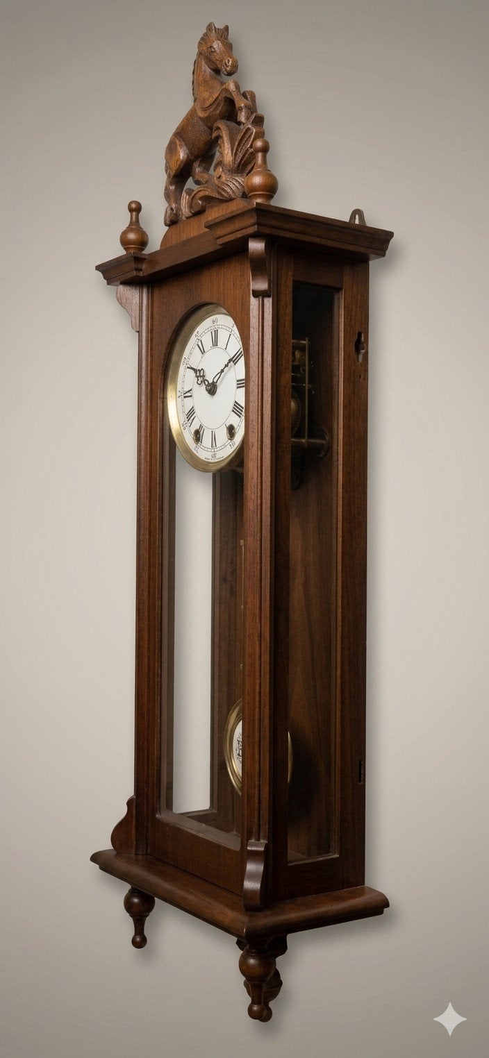 Prachtige Duitse Regulateur Wandklok met Paard - In Perfecte, Ophalen