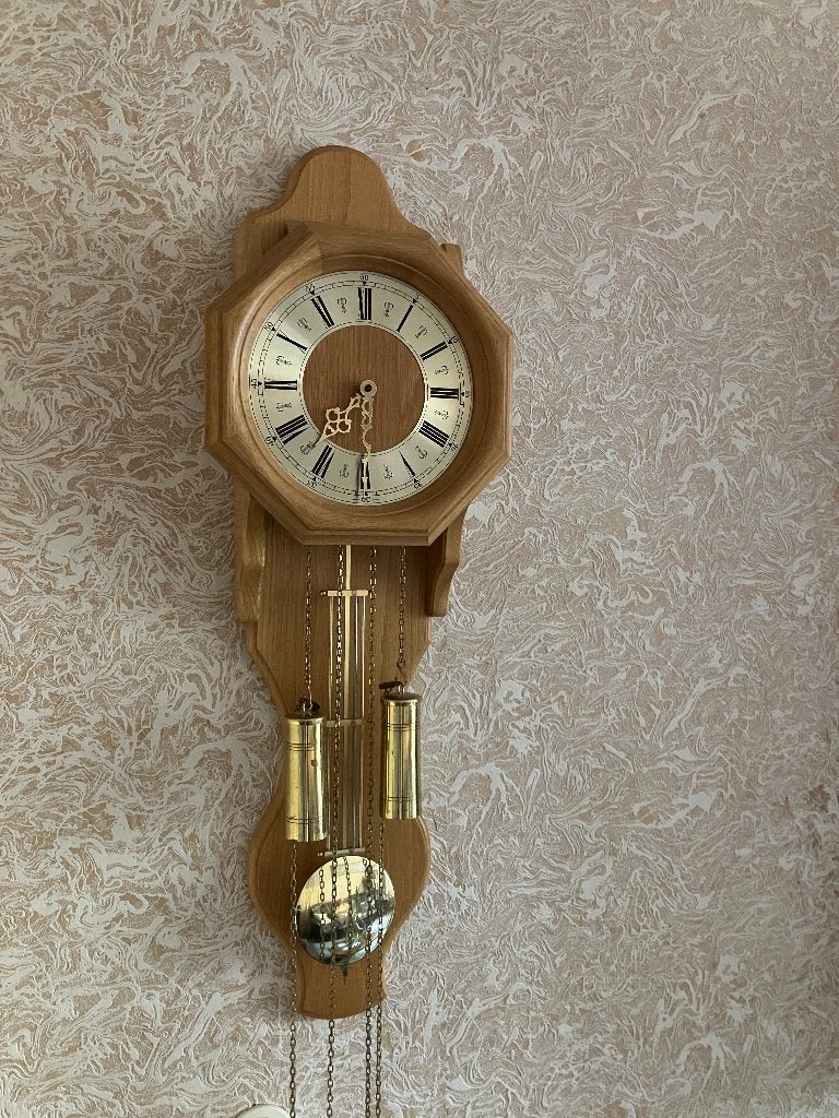vintage jeka wand slinger klok analoog blank eiken, Ophalen of Verzenden, Analoog, Met slagwerk, Wandklok