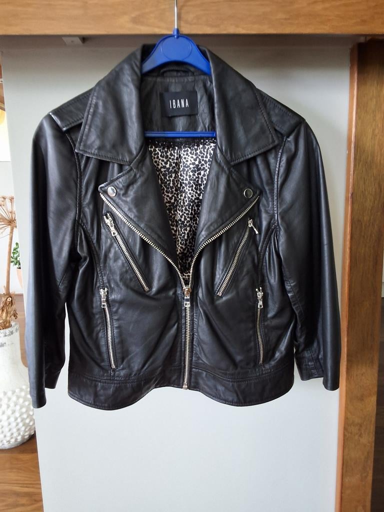 Ibana Leren Bikerjack Zwart met Luipaardprint Voering, Maat 38/40 (M), Zwart, Ivana, Ophalen of Verzenden