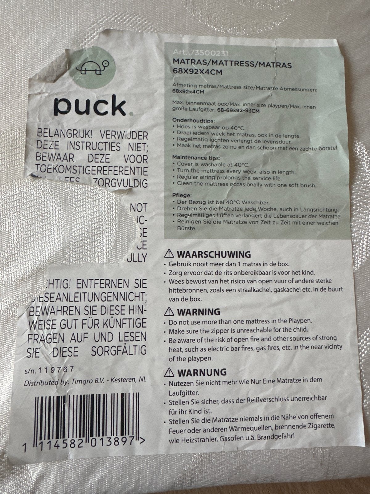 Puck box Matras 68x92x4CM - Zo goed als nieuw, Ophalen of Verzenden, Zo goed als nieuw