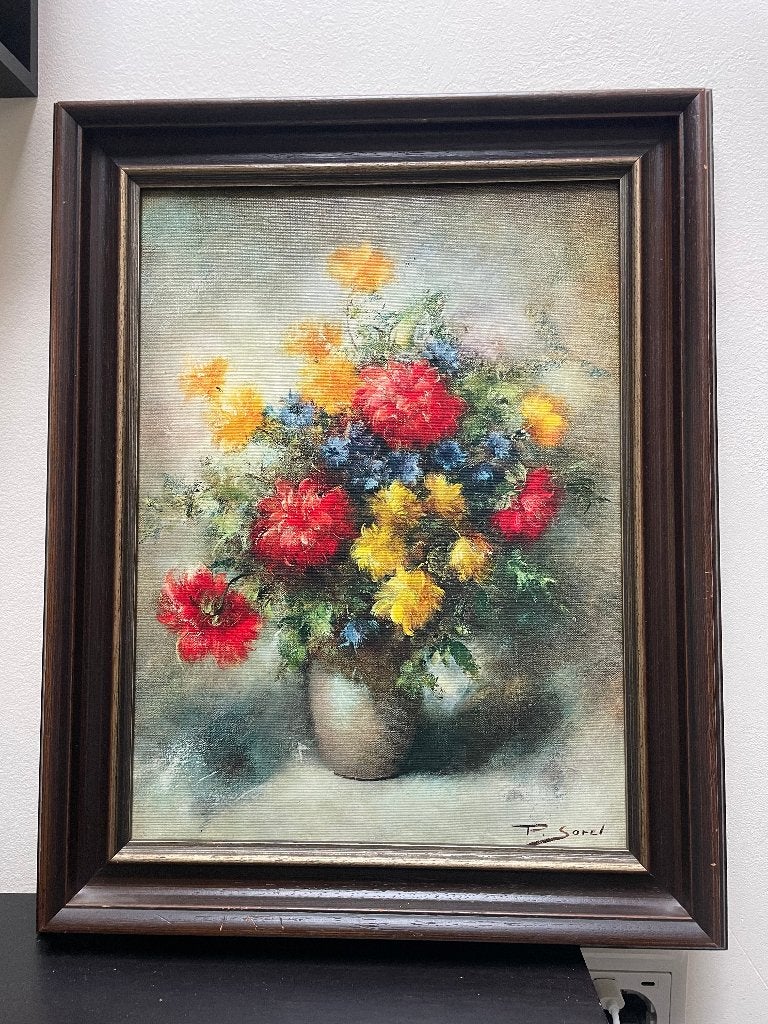 Antiek/vintage schilderij, bloemen stilleven 50x40 cm, Ophalen of Verzenden