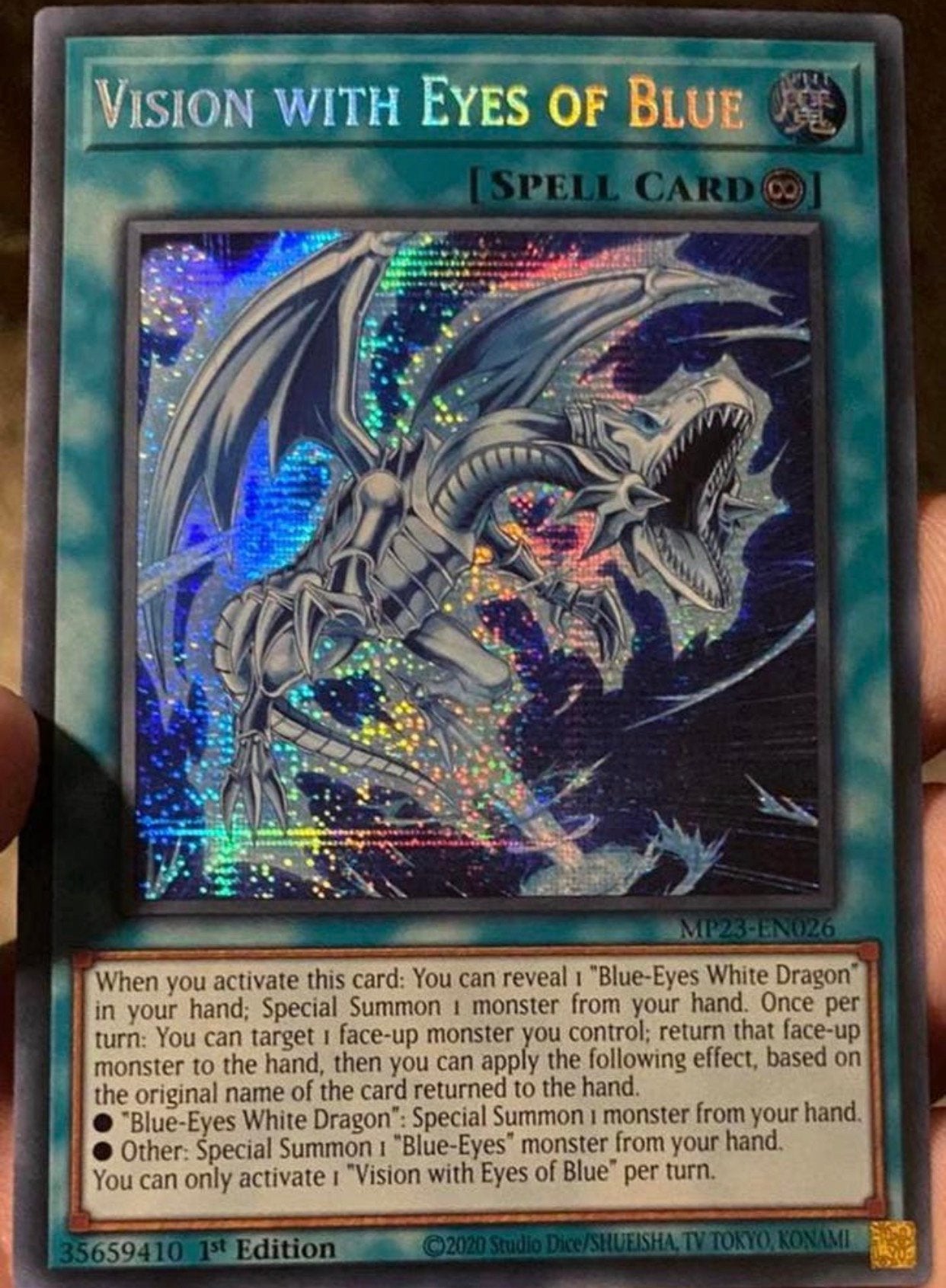 Yu-Gi-Oh! Vision with Eyes of Blue MP23 1st Ed Tin Promo !, Ophalen of Verzenden, Zo goed als nieuw, Losse kaart, Foil