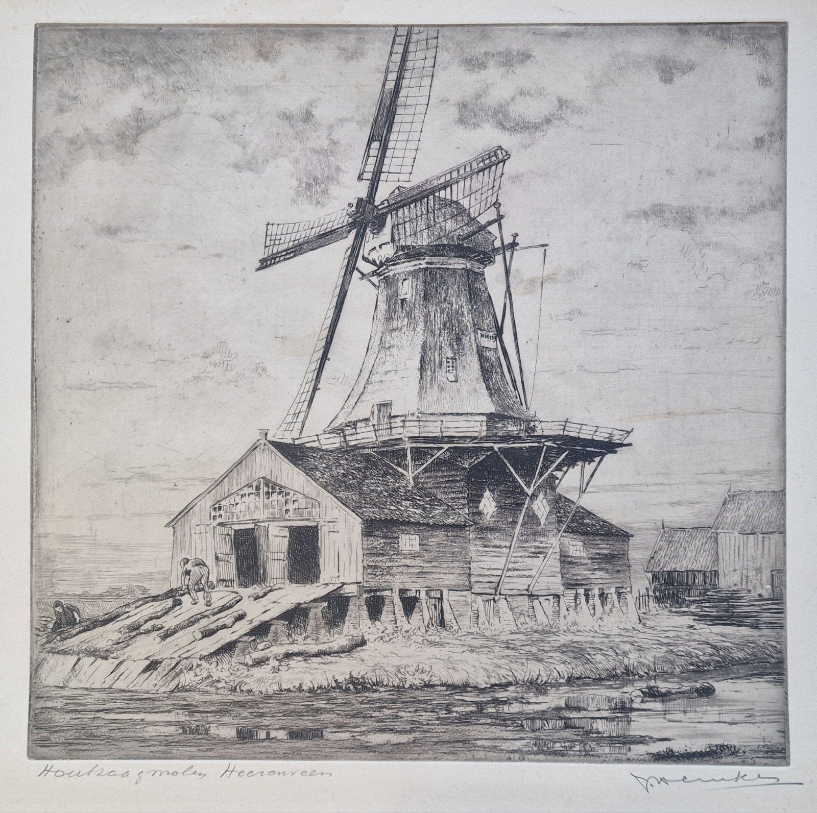 Johan Hemkes Heerenveen Houtzaagmolen, Friesland, Ets, Ophalen of Verzenden, Gesigneerd, Landschap