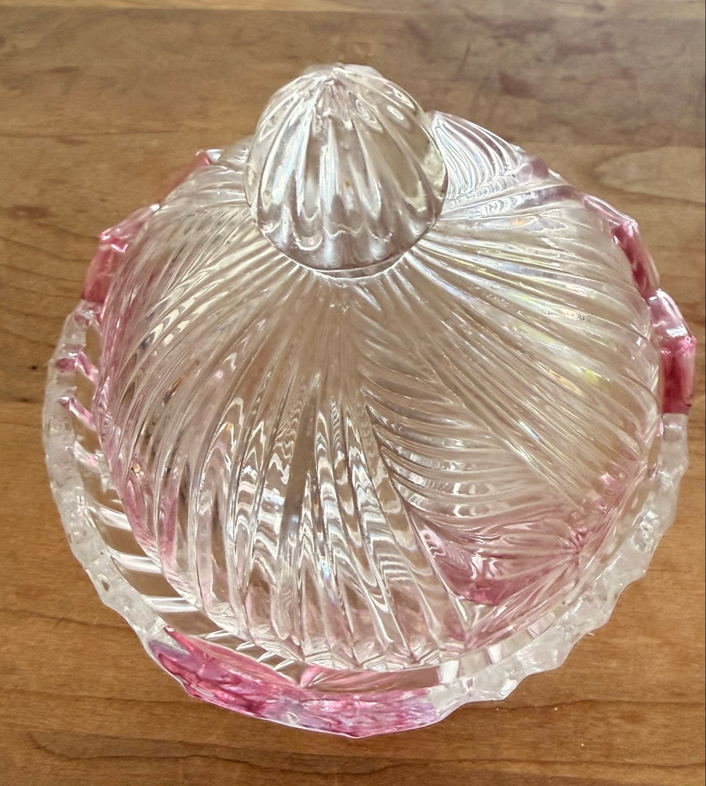 Vintage glazen bonbon- snoeppot met roze accenten, Ophalen of Verzenden