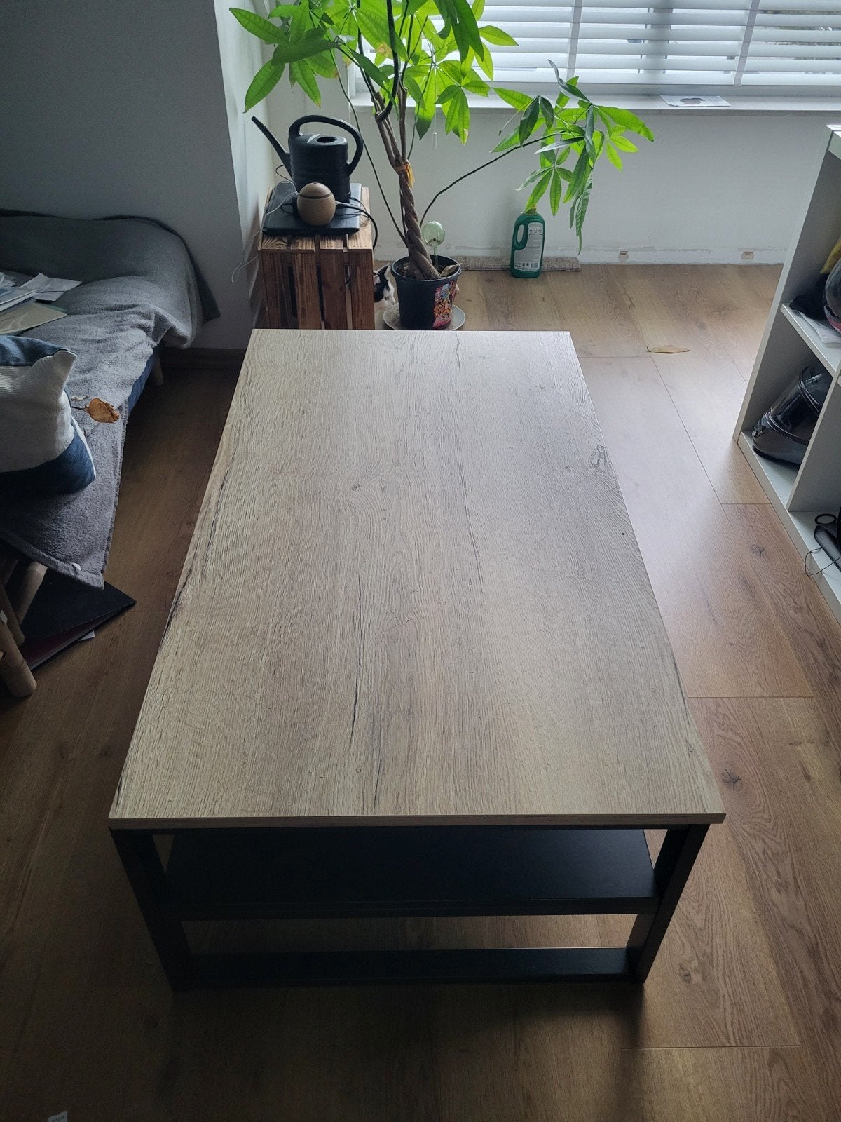 Salontafel eikenlook & zwart hout, met onderblad industriëel, Ophalen, Zo goed als nieuw, Rechthoekig, Overige houtsoorten
