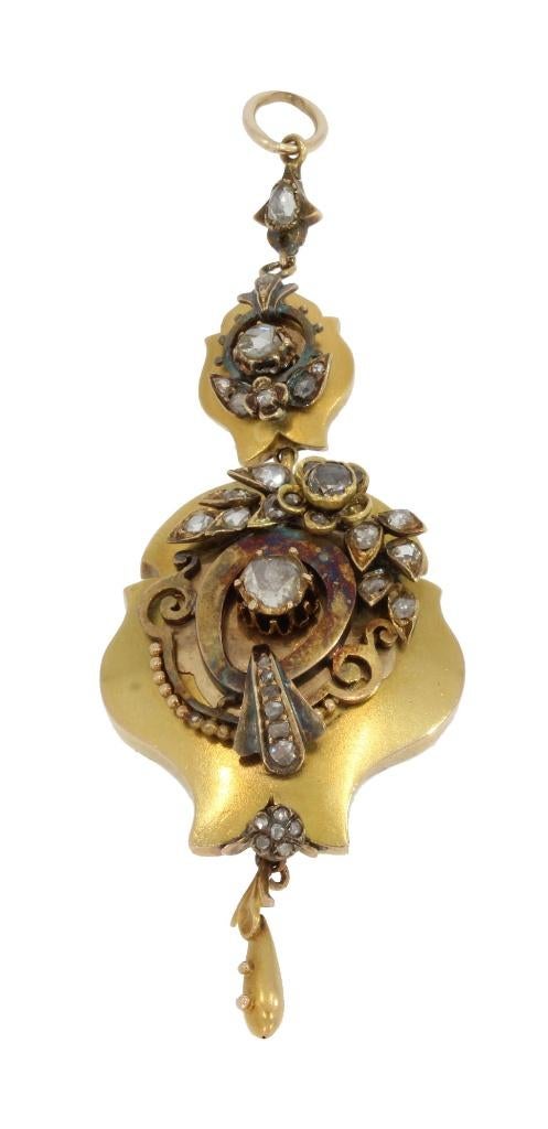 Victoriaanse diamant 14k gouden grote antieke ketting hanger, Verzenden, Goud, Hanger, Met edelsteen