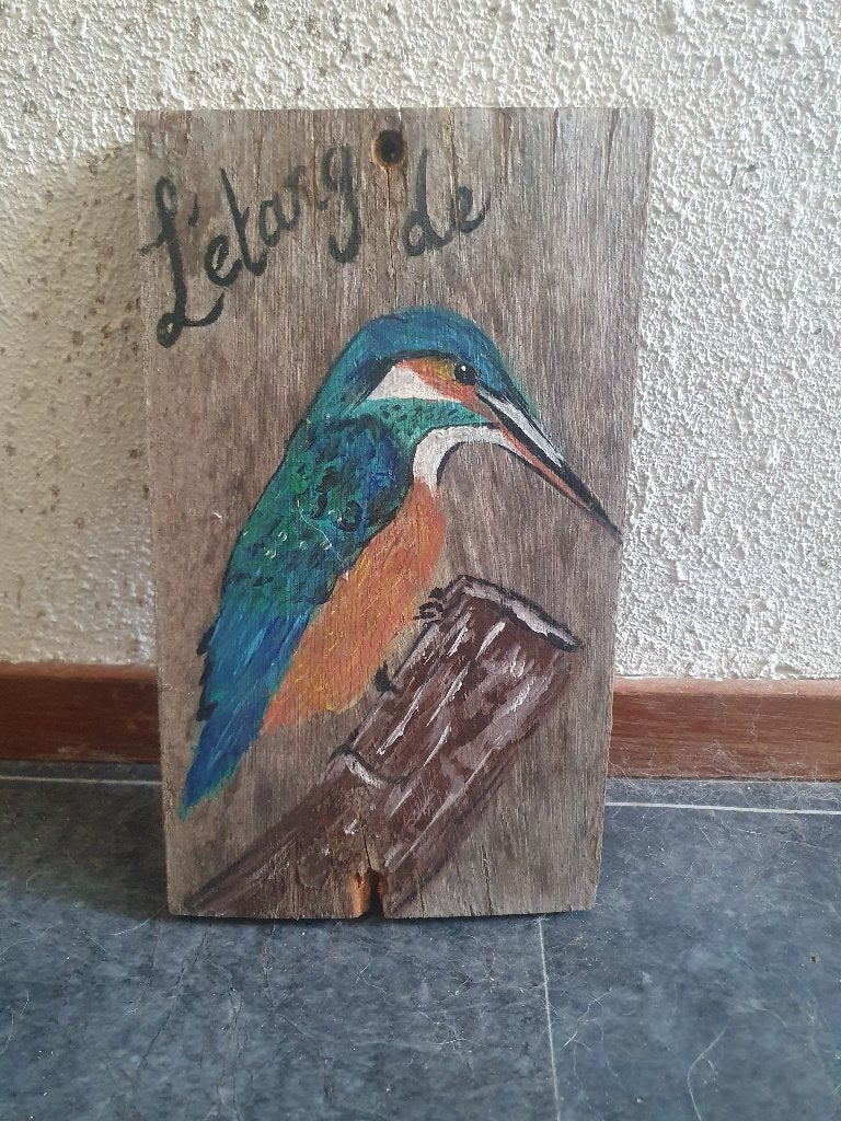 beschilderd houten paneeltje met ijsvogel, Ophalen of Verzenden