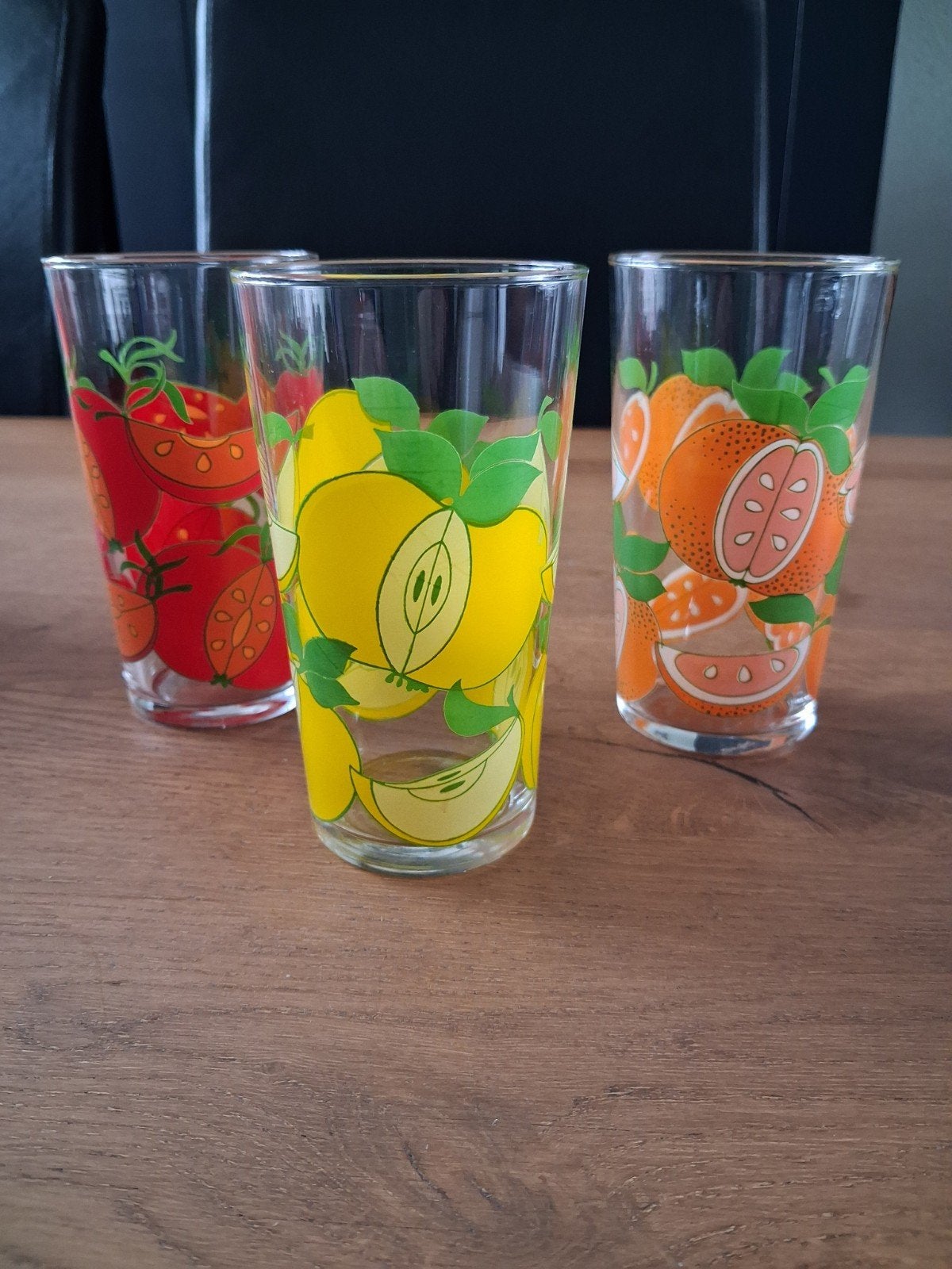 Vintage glazen met fruit opdruk - 70er jaren - set van 3, Verzamelen, Glas en Borrelglaasjes, Ophalen of Verzenden, Gebruikt, Frisdrankglas