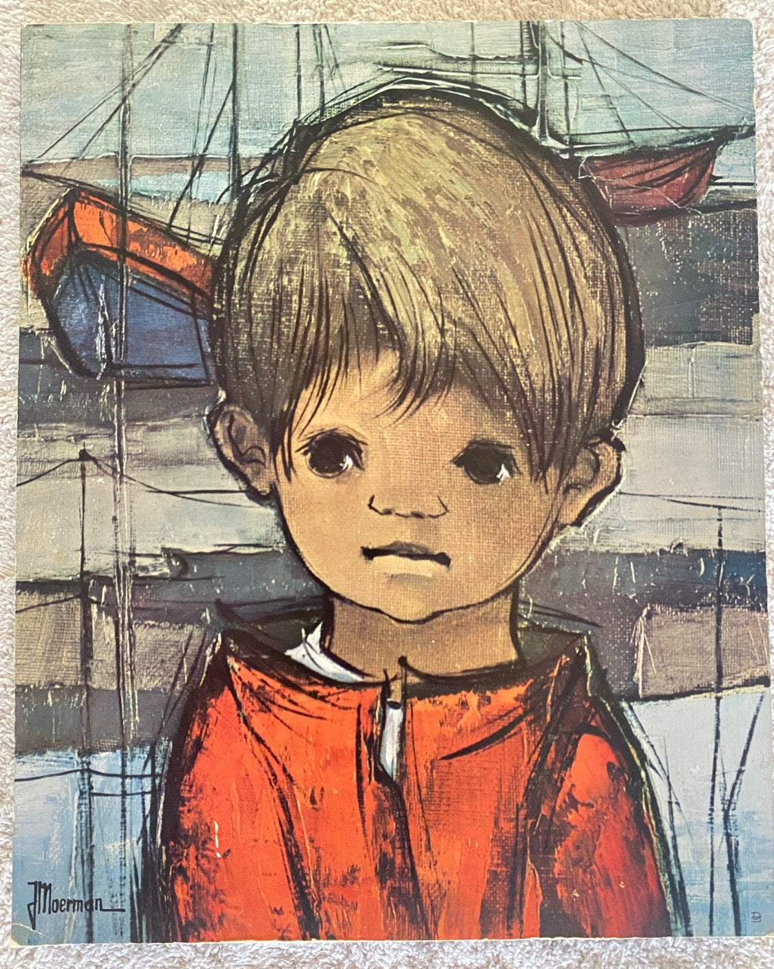 Vintage Kunstdruk Jaklien Moerman - Droevige Jongen met Bote, Antiek en Kunst, Kunst | Schilderijen | Modern, Verzenden, Hout