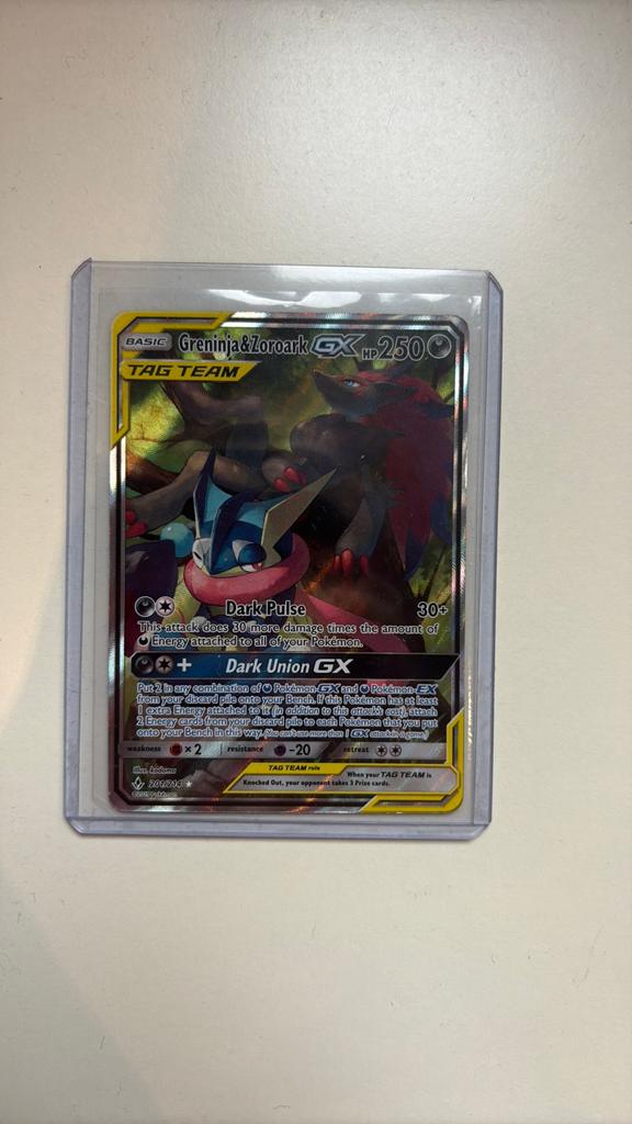 Greninja & Zoroark tag team GX 201/214, Ophalen of Verzenden, Zo goed als nieuw, Losse kaart, Foil
