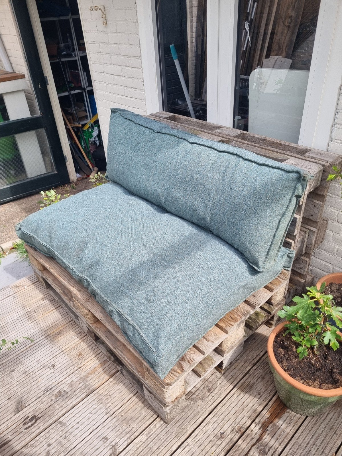 Palletbank met kussens, Tuin en Terras, Ophalen, Gebruikt, Hout