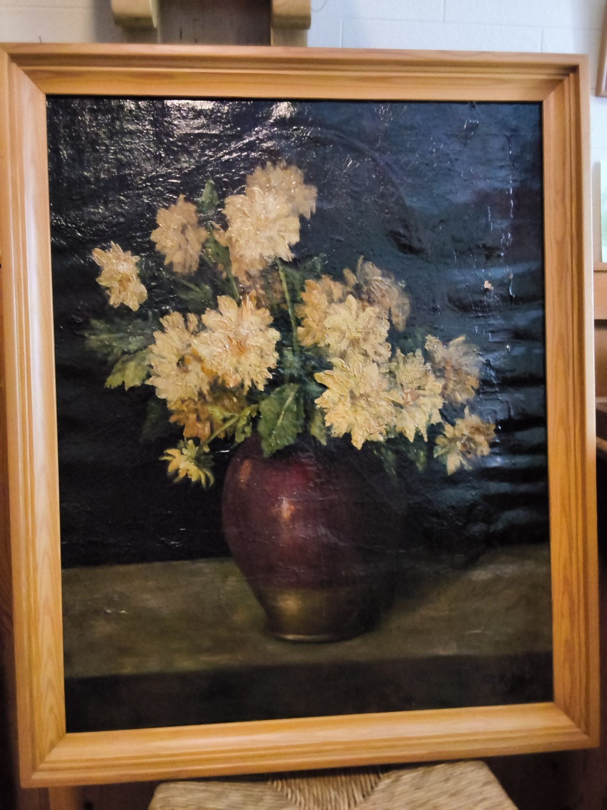 Olieverf stilleven met bloemen in vaas., Ophalen, Handgeschilderd, Doek, Stilleven