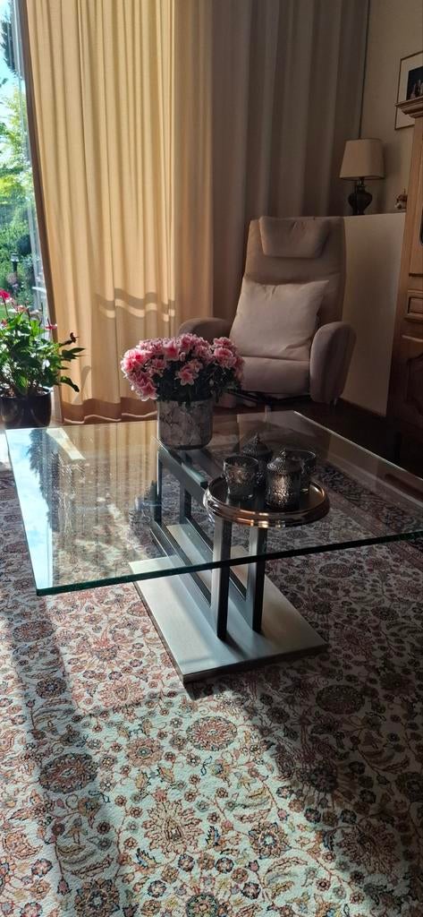 Glazen salontafel met RVS onderstel - 95x95x37 cm, Gebruikt, 50 tot 100 cm, Vierkant, Glas