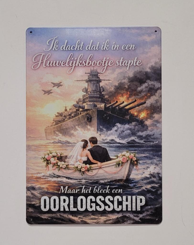 Huewelijksbootje bleek oorlogsschip reclamebord van metaal, Info@deconoord.nl, Deco Noord, Nieuw, Ophalen of Verzenden