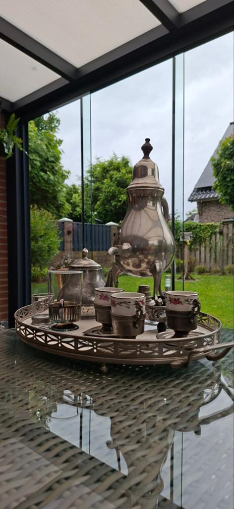 Tinnen kraantjeskan,theepot en kopjes/glazen, Antiek en Kunst, Antiek | Tin, Ophalen