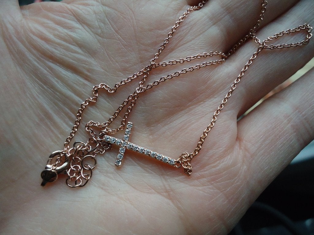 echt zilveren kettinkje roze verguld met kruisje steentjes, Met kristal, Nieuw, Ophalen of Verzenden, Zilver