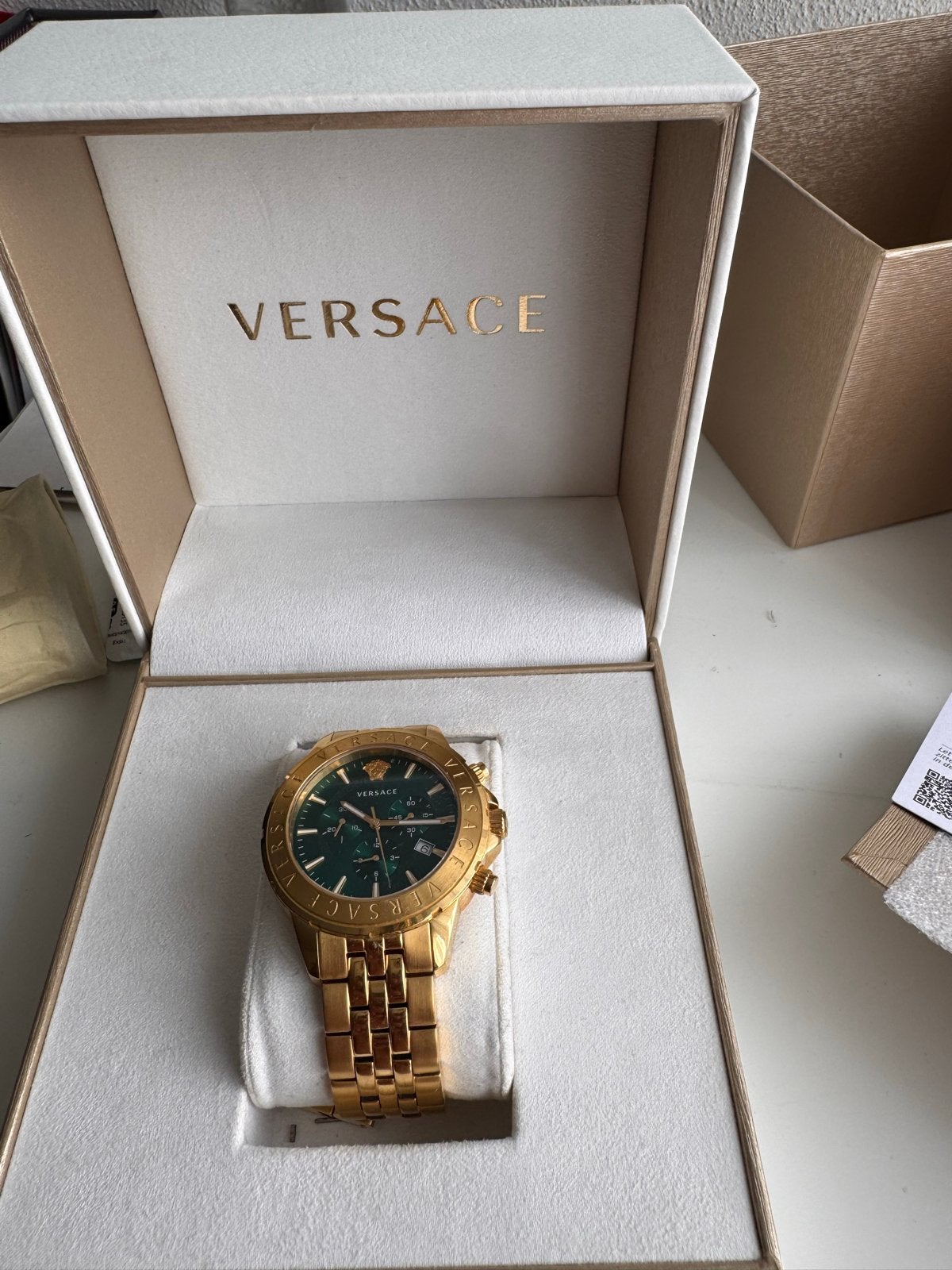 Versace Horloge Heren Gold Green Goud Groen, Overige merken, Overige materialen, Polshorloge, Ophalen of Verzenden