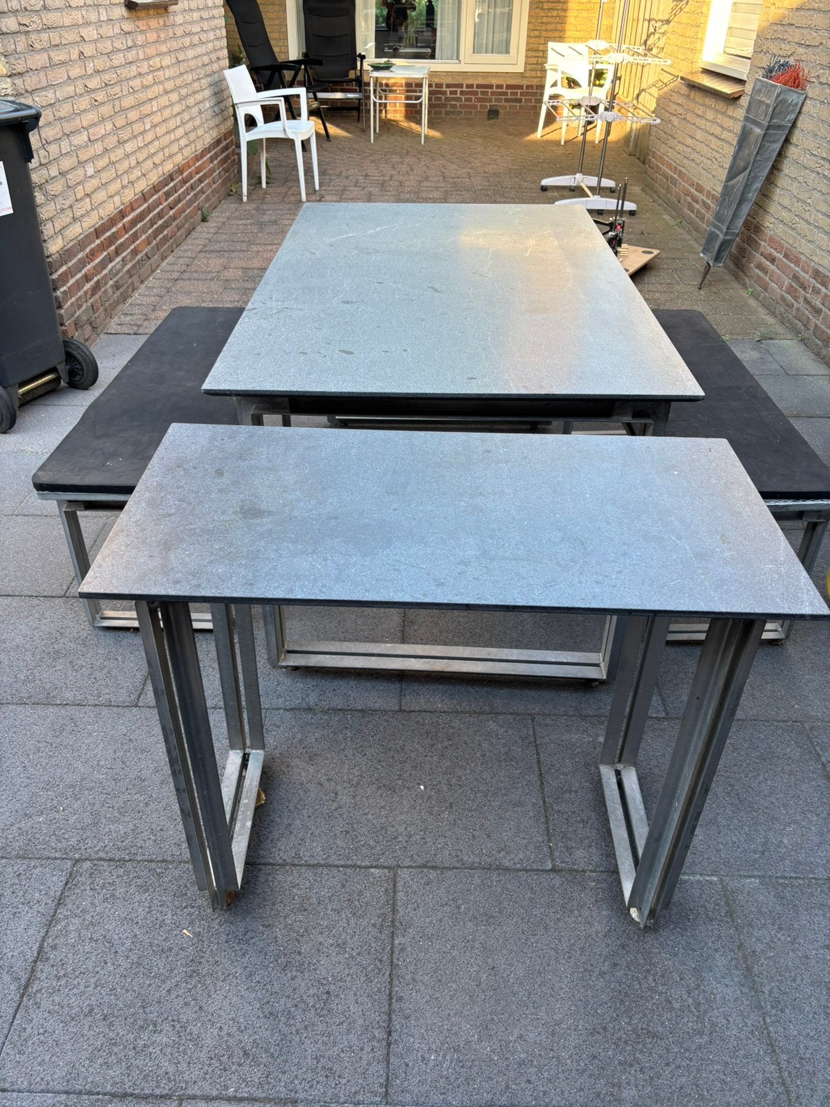 Tuintafel natuursteen blad, Ophalen, Gebruikt, Rechthoekig, Metaal