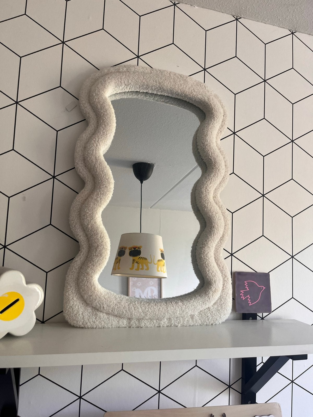 Kwantum spiegel met bouclé stof - Zo goed als nieuw, Ophalen, 100 tot 150 cm, Zo goed als nieuw, Overige vormen
