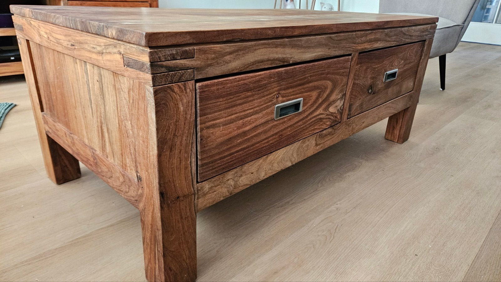 BATAMBA - H&H Salontafel van massief teakhout met lades, Huis en Inrichting, Ophalen, 100 tot 150 cm, Teakhout, 50 tot 100 cm