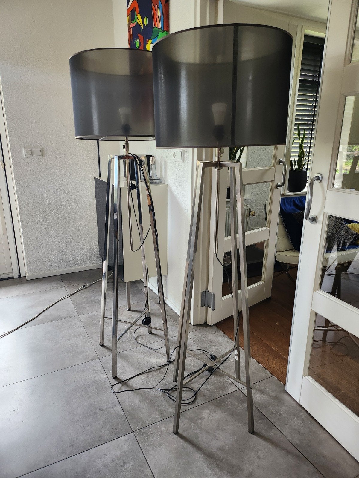 Set van 2 moderne vloerlampen met donkere kappen, Ophalen, Gebruikt, Metaal, E27 (groot)