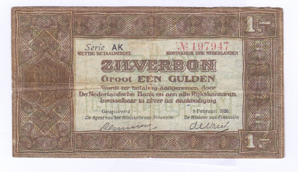 1 gulden 1920 (03-1b) zilverbon voor 75 euro, Ophalen of Verzenden, 1 gulden, Los biljet