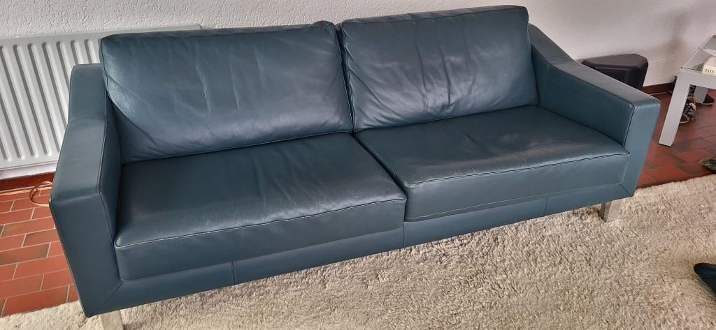 Mooie Leolux leren bank Antonia 2.5 zits Groen/Blauw, Ophalen, Gebruikt, Driepersoons, Rechte bank