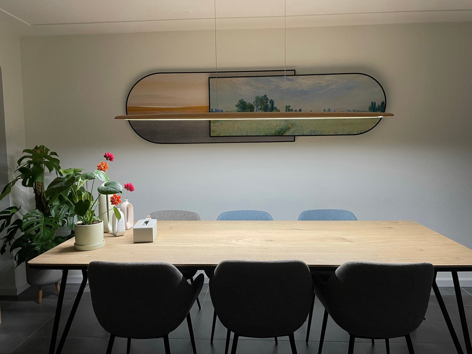 Eettafel met 6 stoelen en hanglamp, Ophalen, 100 tot 150 cm, 200 cm of meer, Zo goed als nieuw