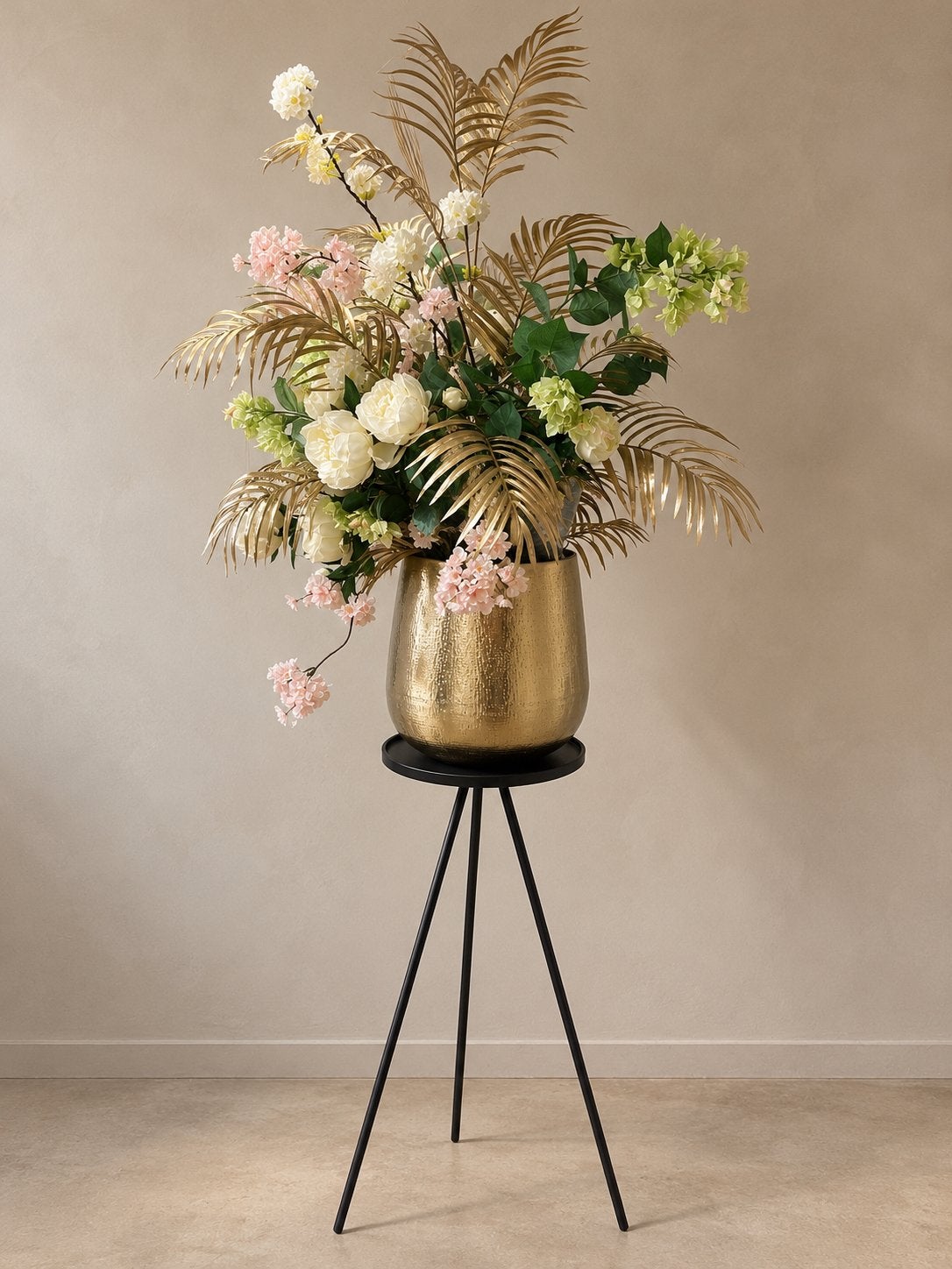 Luxe bloemstuk 220cm met gouden vaas en zwarte standaard, Ophalen, Zo goed als nieuw