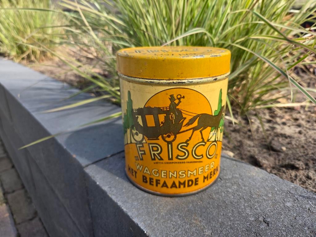 Oud blik Frisco wagensmeer Harlingen, Verzamelen, Merken en Reclamevoorwerpen, Ophalen of Verzenden