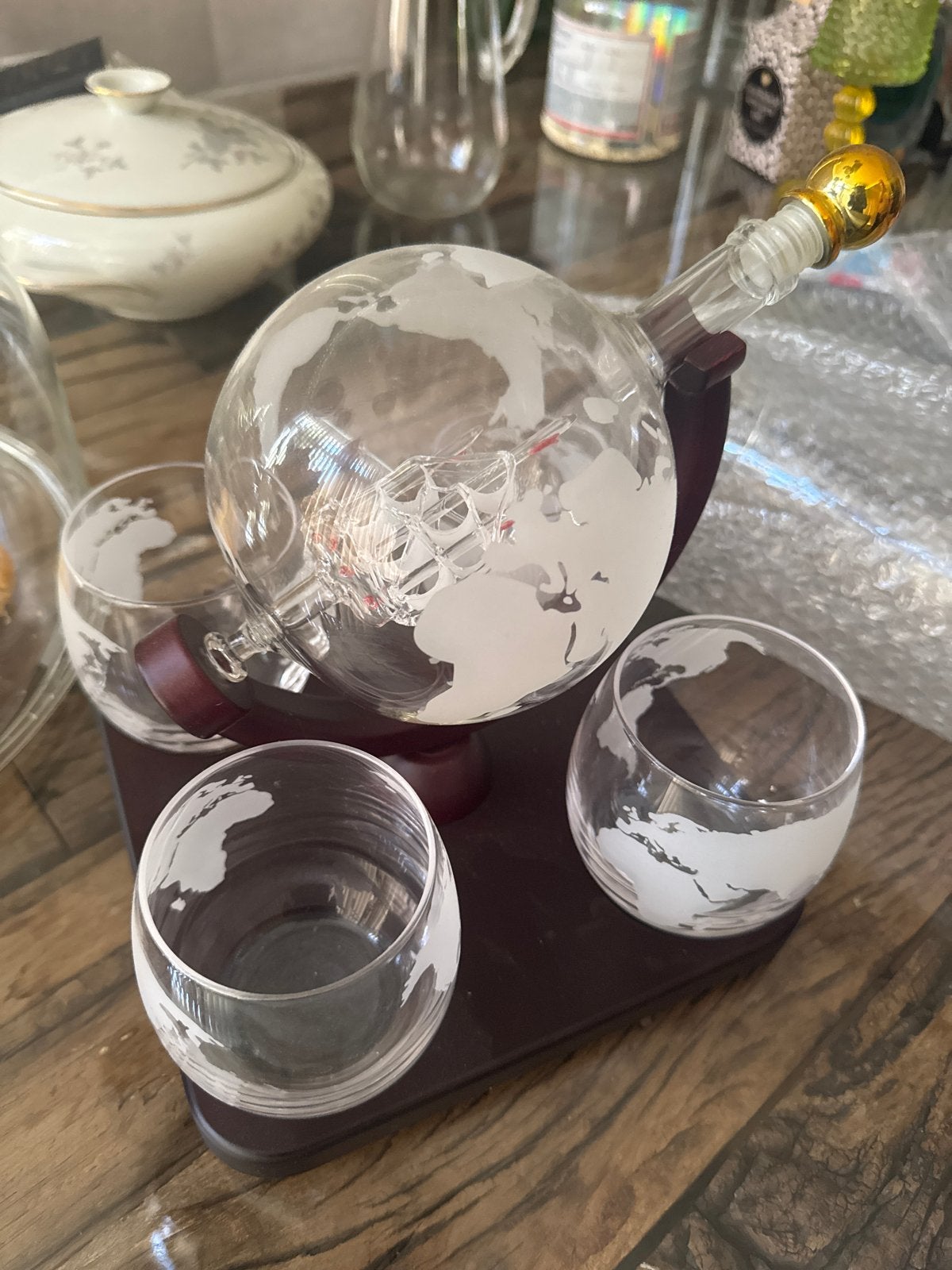 Glazen karaf en glazen set met wereldkaart design, Ophalen, Meerkleurig, Glas, Klassiek