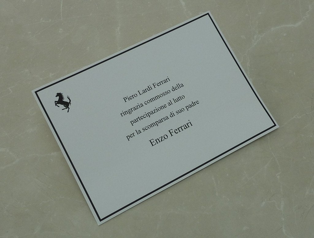 Herdenkingskaart overlijden Enzo Ferrari, Ophalen of Verzenden, Rouwkaart