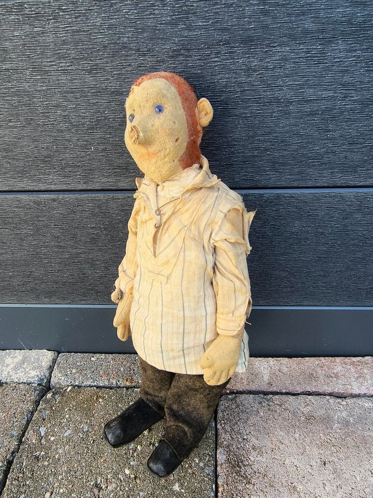 Uitzonderlijke Steiff pop ca. 1910 Lakei met knopje, Ophalen of Verzenden
