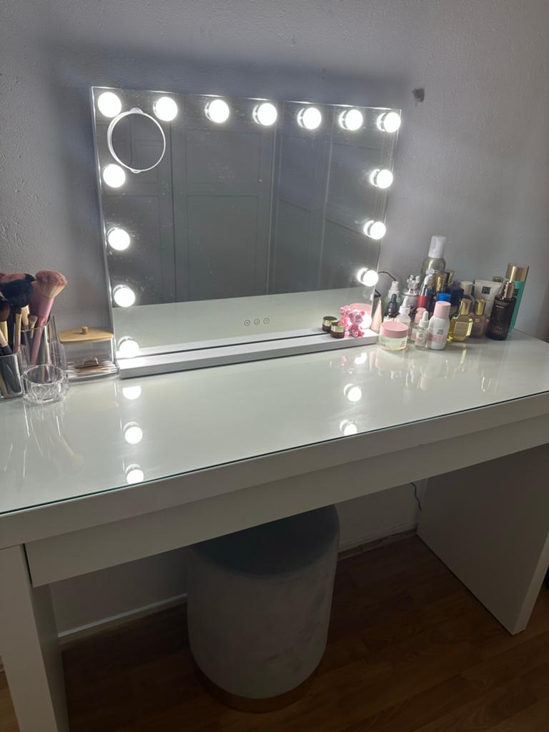 Witte make-up tafel met spiegel en verlichting, Gebruikt, 100 tot 150 cm, Ophalen of Verzenden, Minder dan 100 cm