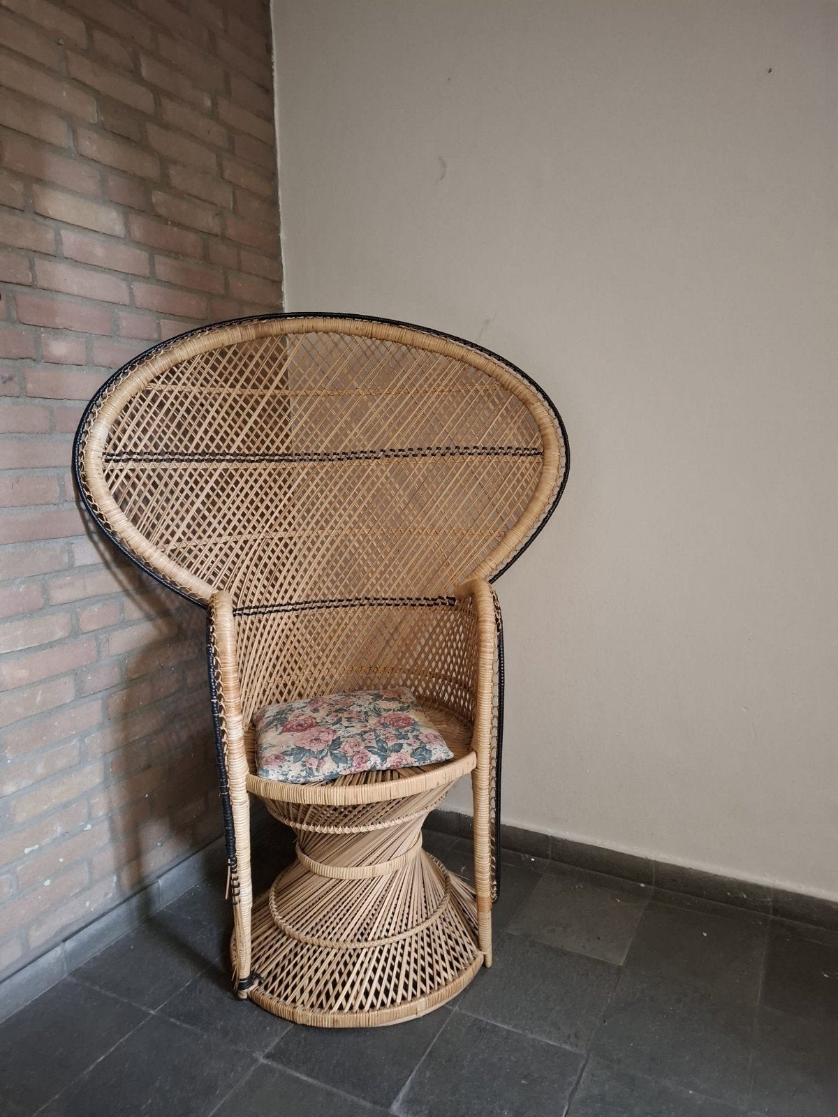 Vintage Rotan Pauwenstoel met kussen, Ophalen