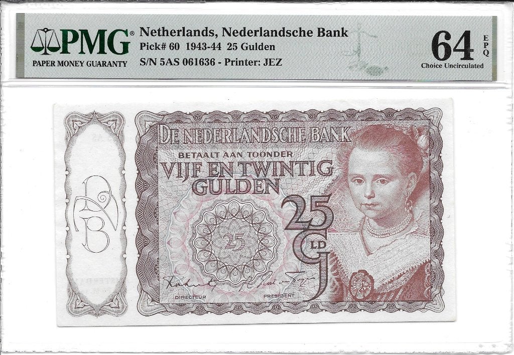 25 gulden 1943 'Prinsesje' PMG 64 EPQ Choice Uncirculated, Postzegels en Munten, Ophalen of Verzenden, 25 gulden, Los biljet