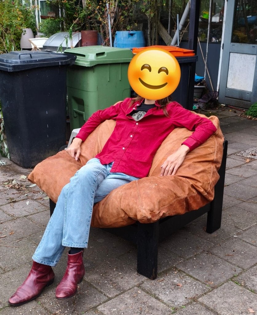 Retro/Vintage Leren Zitzak stoel, Gebruikt, Bruin, Zitzak, Vintage, Ophalen of Verzenden