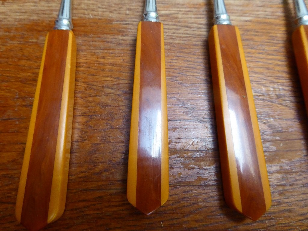 6 art deco taartvorkjes met bakeliet, Antiek en Kunst, Ophalen of Verzenden