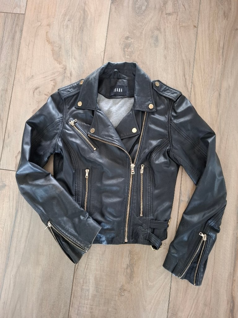 IBANA leren bikerjas dames zwart – echt leer – maat 34, Kleding | Dames, Zwart, Ophalen of Verzenden, Zo goed als nieuw, Maat 34 (XS) of kleiner