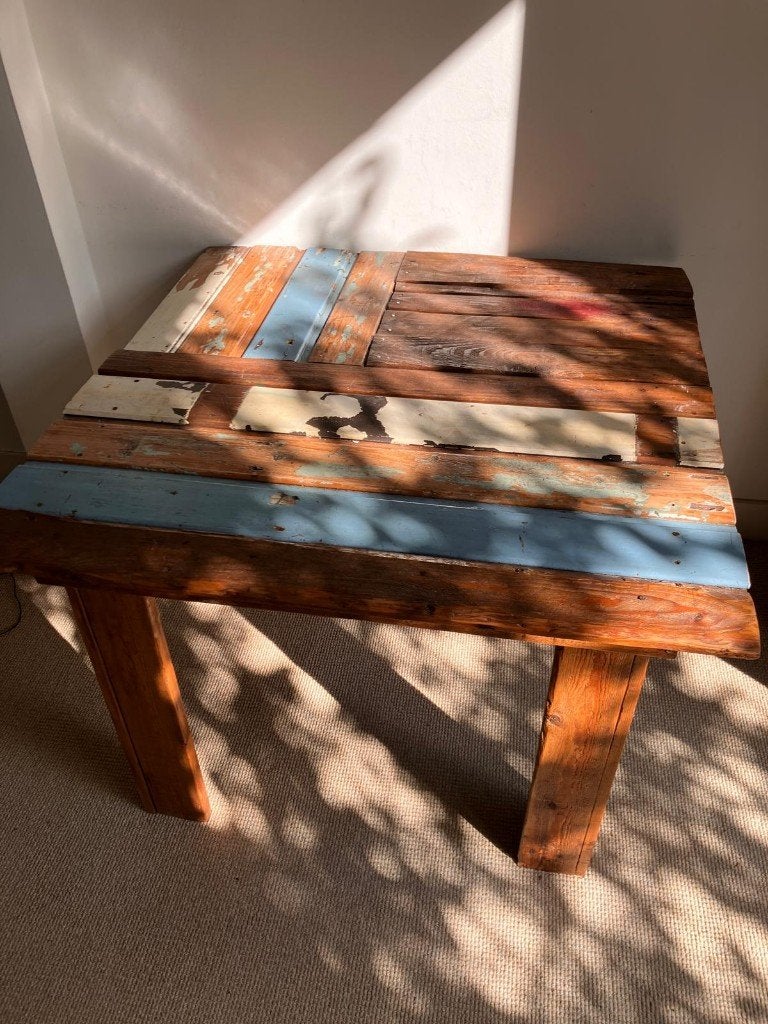 Twee tafels van sloophout, stijl Piet Hein Eek, Ophalen, 50 tot 100 cm, Vijf personen of meer, 150 tot 200 cm