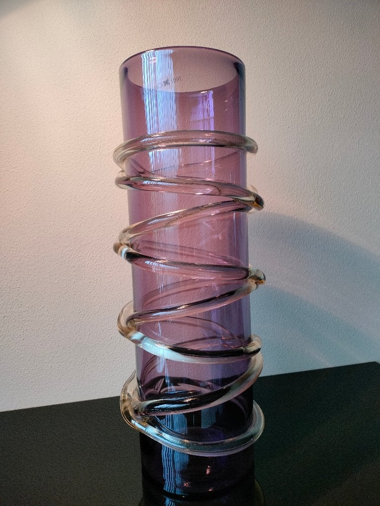 Italie Design Glas Vintage Cilinder Vaas Paars Glasdraden, Ophalen of Verzenden