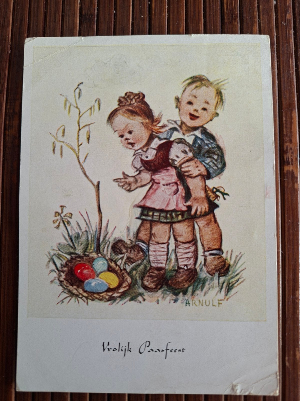 Vintage Paaskaart 'Vrolijk Paasfeest' - Arnulf, Verzamelen, Ophalen of Verzenden, 1940 tot 1960, Gelopen, Feest(dag)