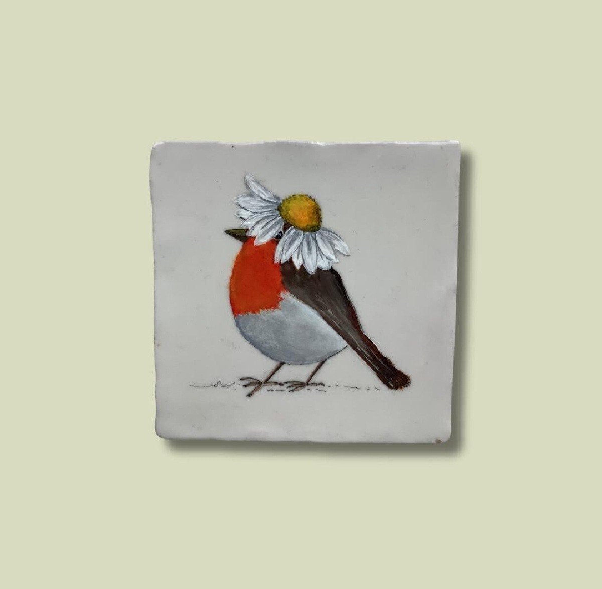 Handbeschilderd tegeltje 'roodborstje', MadeByEstus, Meerkleurig, Overige stijlen, Onbekend