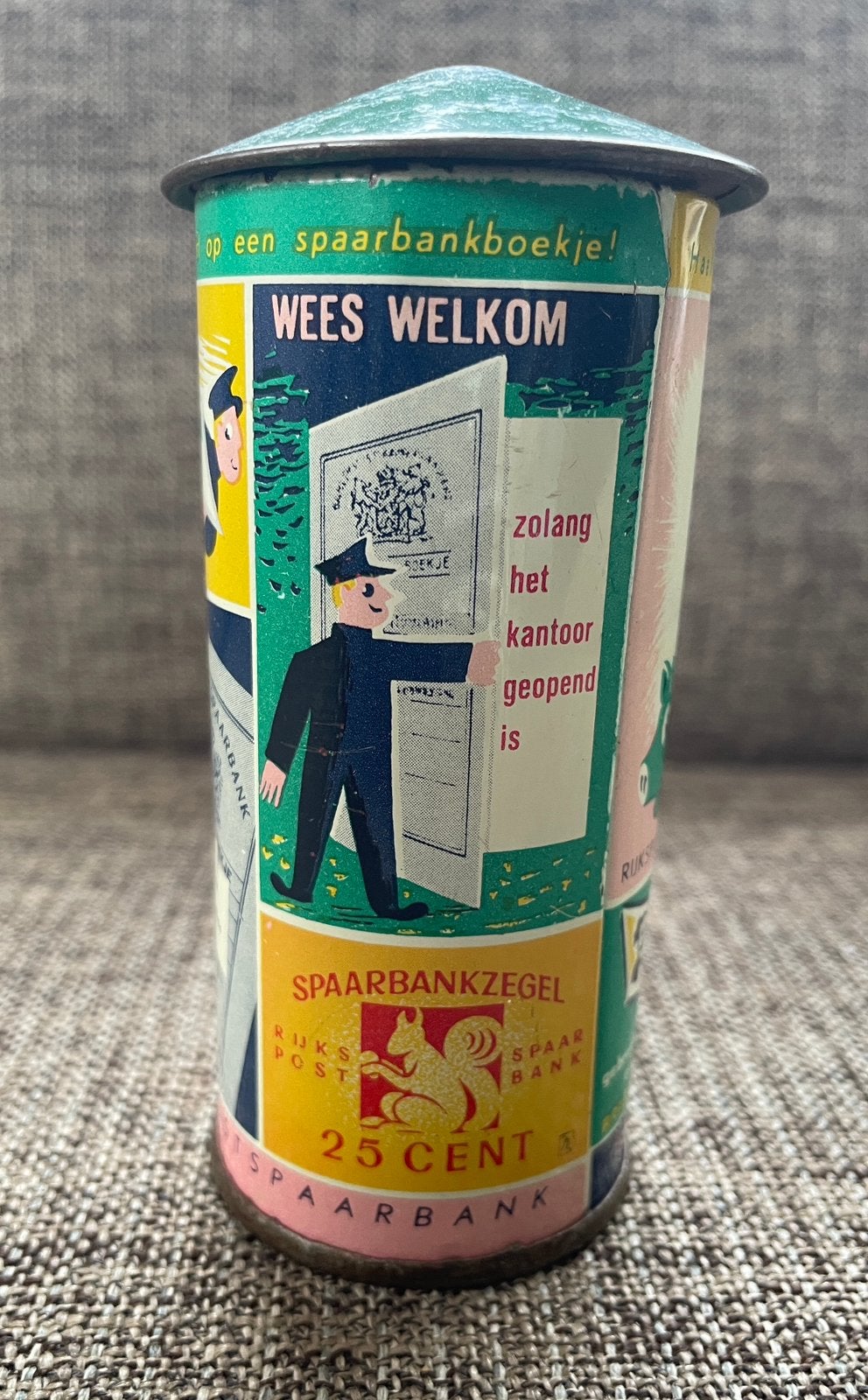 Vintage spaarpotje reclamezuil, Ophalen, Gebruikt, Metaal of Blik